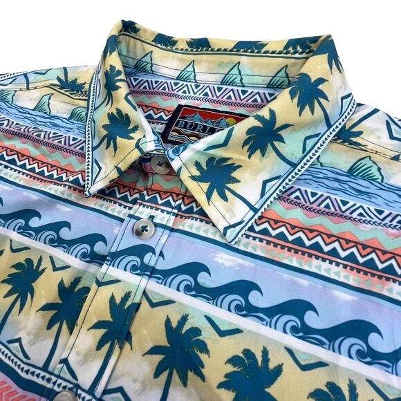 Burlebo Shirt Men Medium Palms And Fins Performance Button Up Floral Shark Beach - Picture 1 of 11